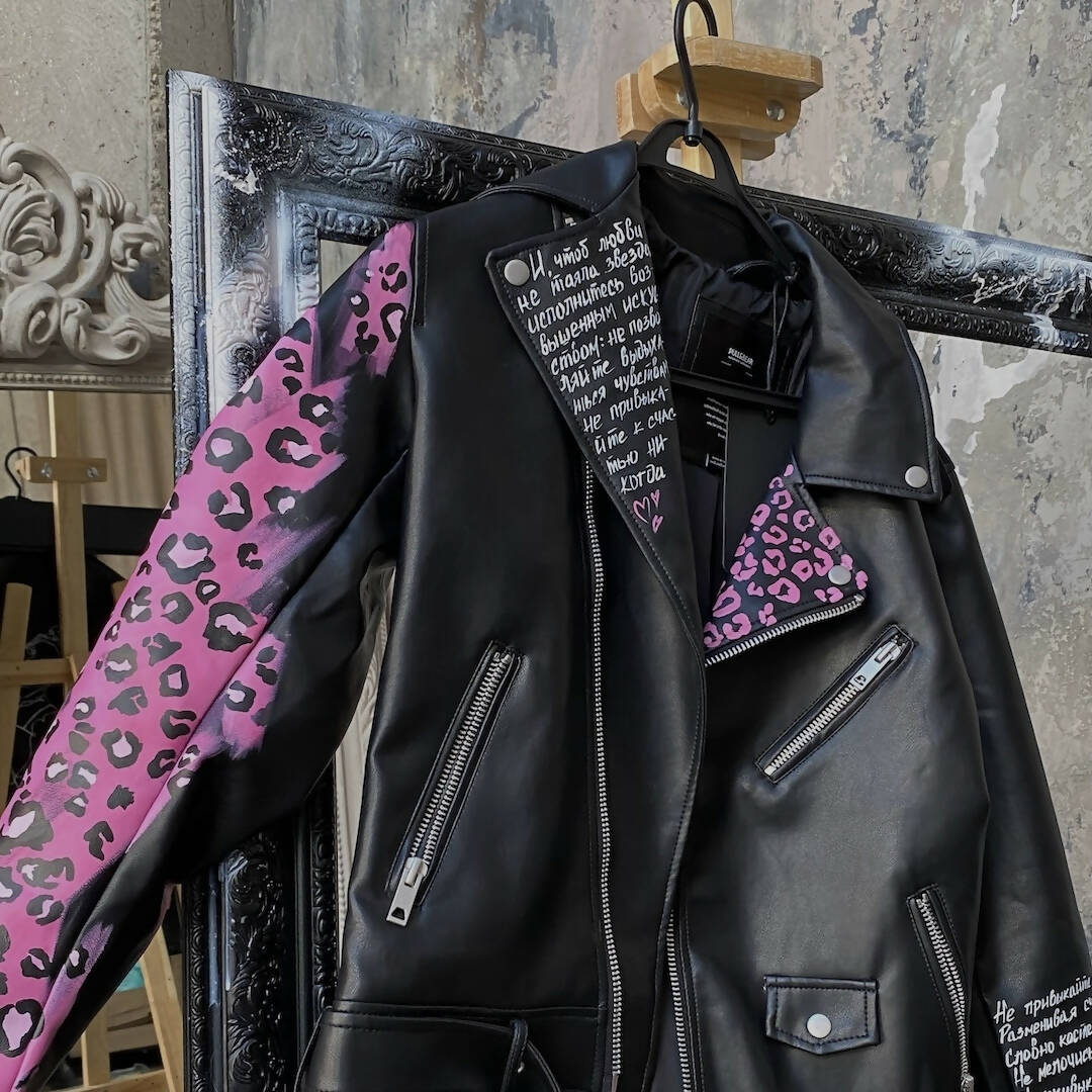 'Pink Leopard' Hand-Painted Leather Jacket