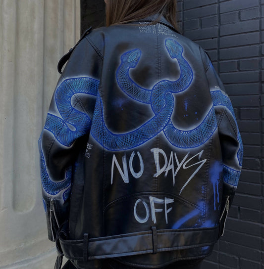 'No Days Off Blue' Hand-Painted Leather Jacket